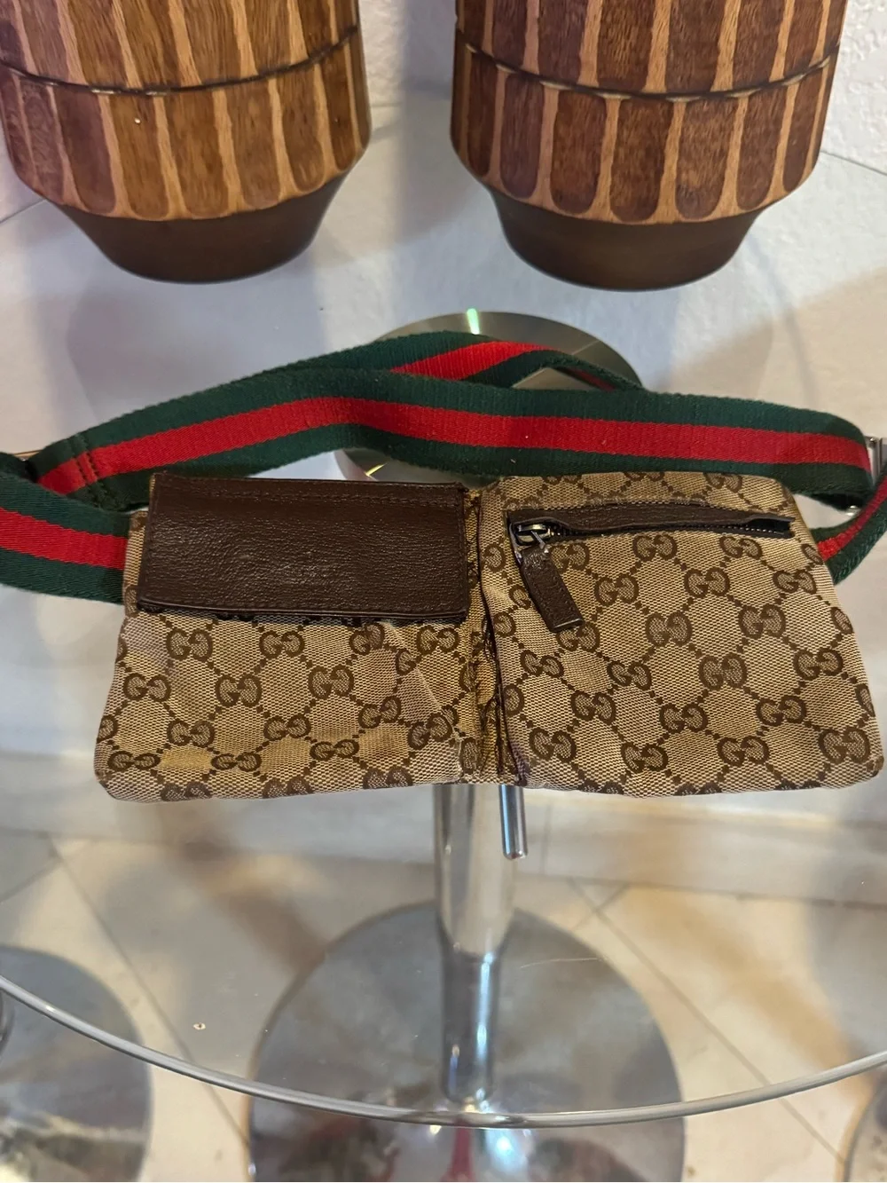 Gucci Brown Monogram Canvas Belt Bag with Green and Red Webbing